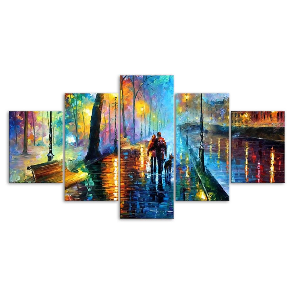 Abstract Couple Walking Rainy Night Scenery Painting 5 Piece Five Panel Canvas Print Modern Wall Art Poster Home Decor Gift For Him Her