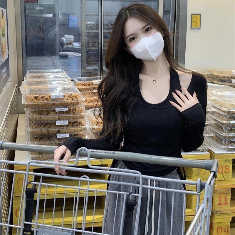 2KWEIRD Black Shirts for Women Ropa Mujer Fashion Tunci Drawstring Tshirts Y2k Clothes Tunic Crop Tops Korean Sexy Woman Tshirt