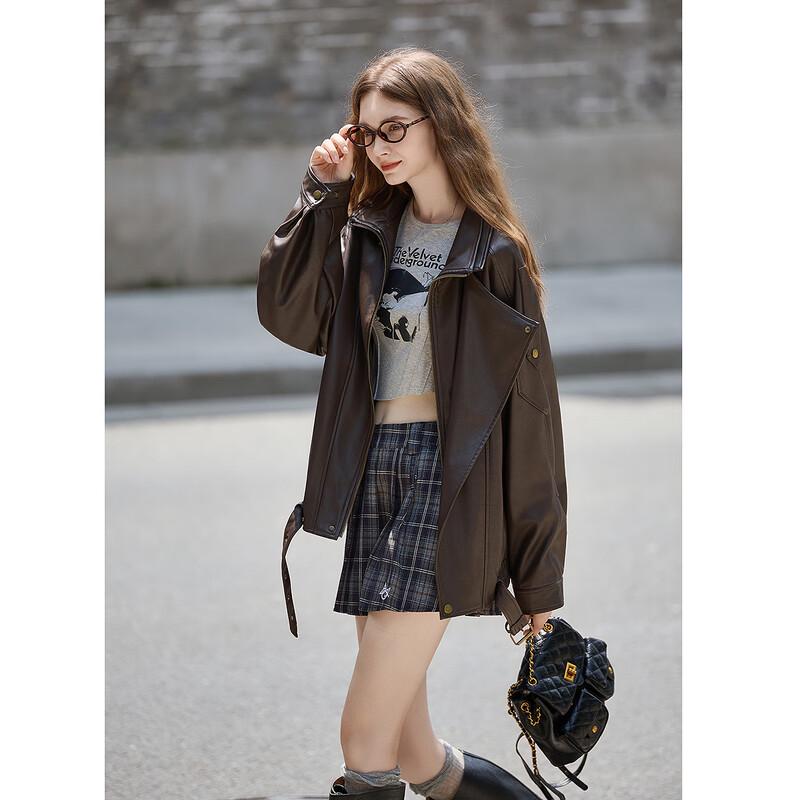 

Женская куртка TonLion 2025 осенней моды с лацканами из искусственной кожи L