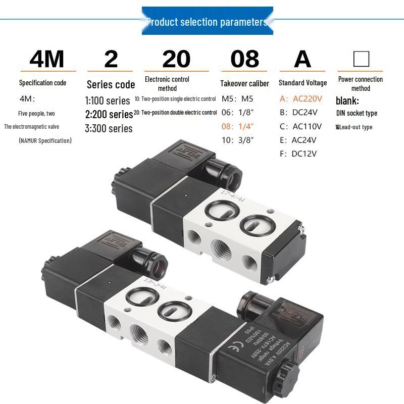 Airtac 4M210-08 Pneumatic Solenoid Valve, 220V/24V, Two-Position, Five-Way.