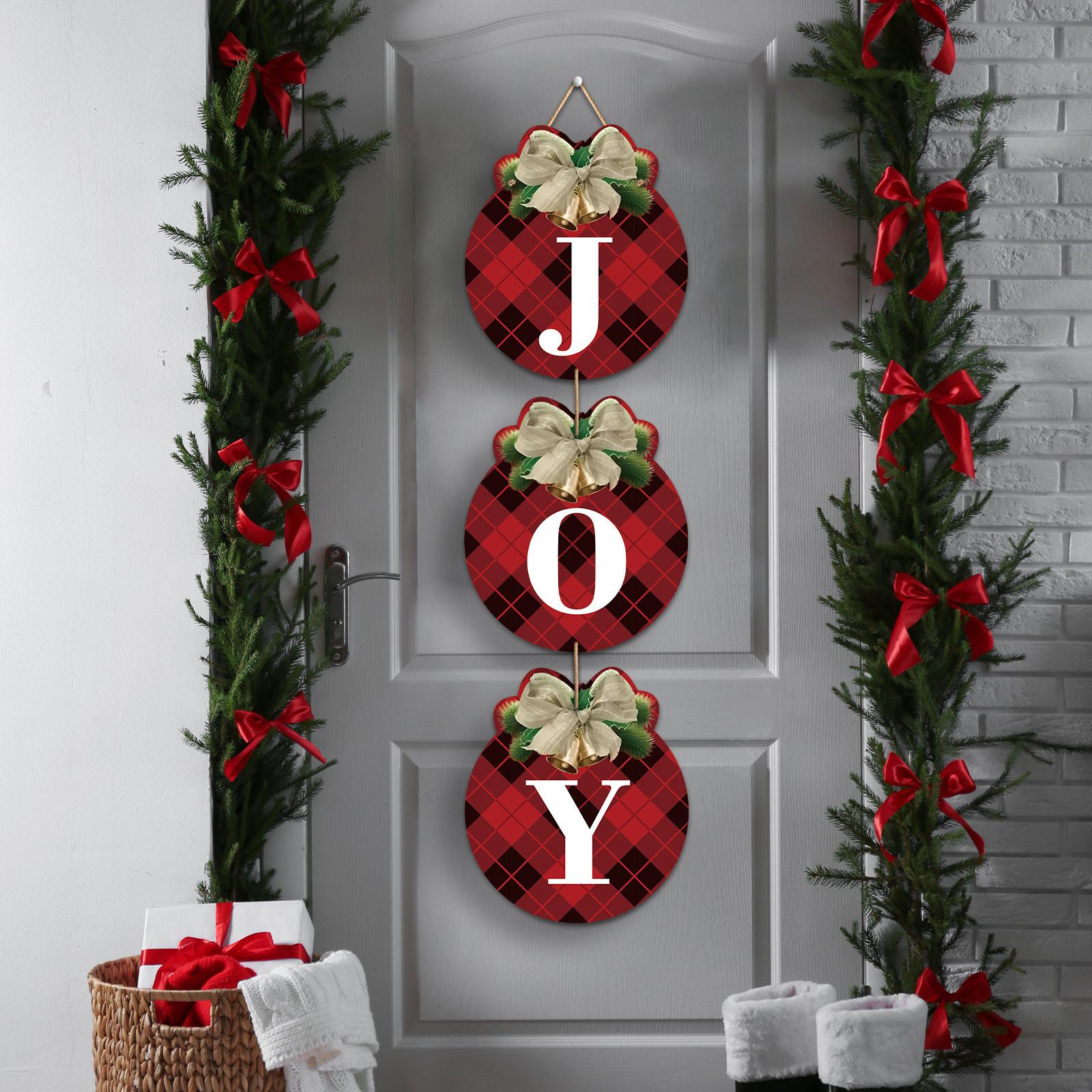 

Christmas Pendant Plaid Christmas Wreaths JOY Signs Christmas Decorations for Home 2025 Xmas Front Door Garage Door Wall Decor