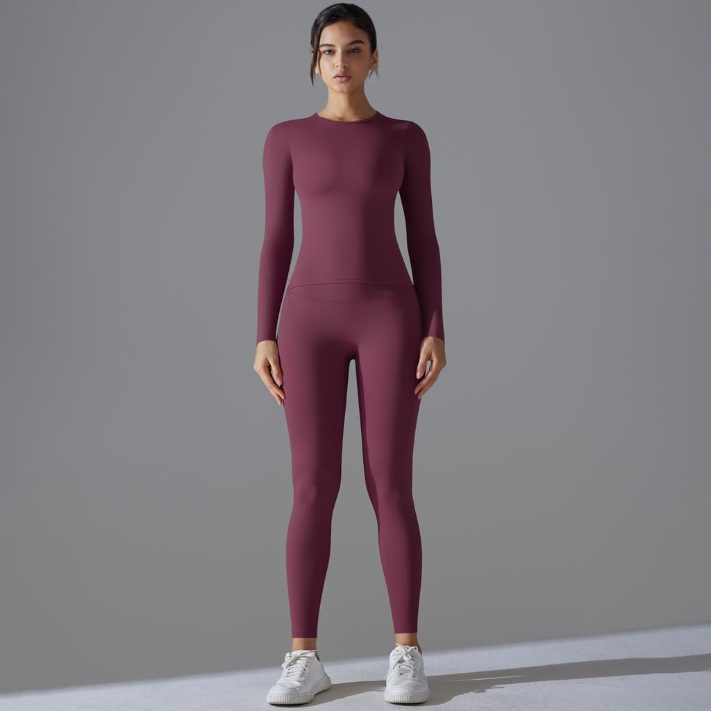 New Brushed Long Sleeved Yoga Suit with High Elasticity and Nude Feeling, Tight Fitting Sports Suit, Running and Fitness Two-piece Set for Women