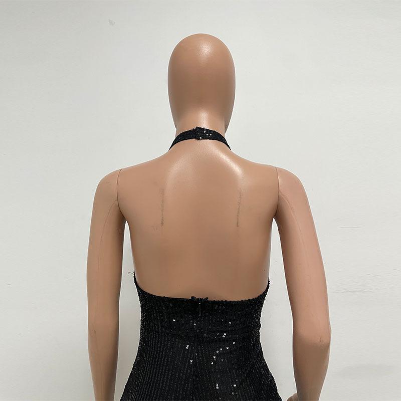 Women's Halter Neck Deep V Halter Dress Design Sense Spice Girl Oblique Slit Fringe Dress