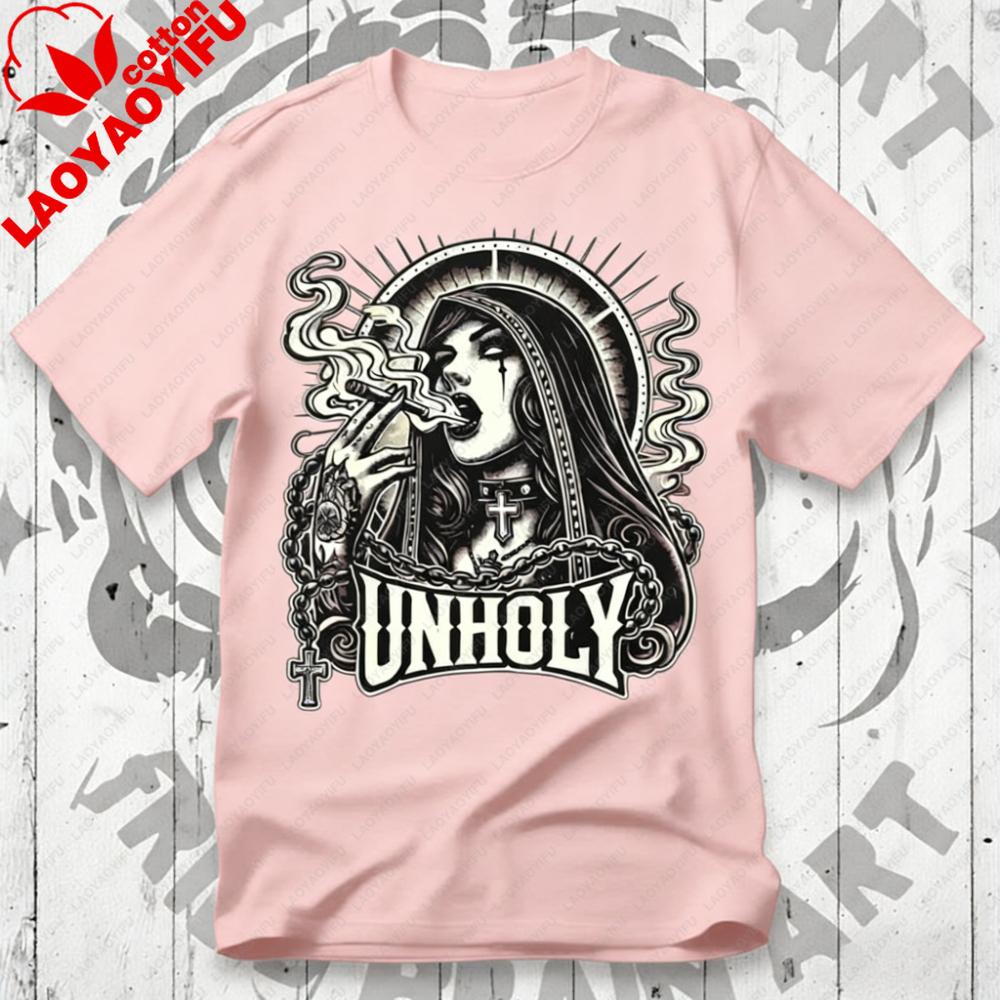 Unisex Cotton TShirt with Gothic Unholy Nun Graphic Dark Aesthetic Streetwear TeeVintage Tattoo Style Horror Inspired Shirt S