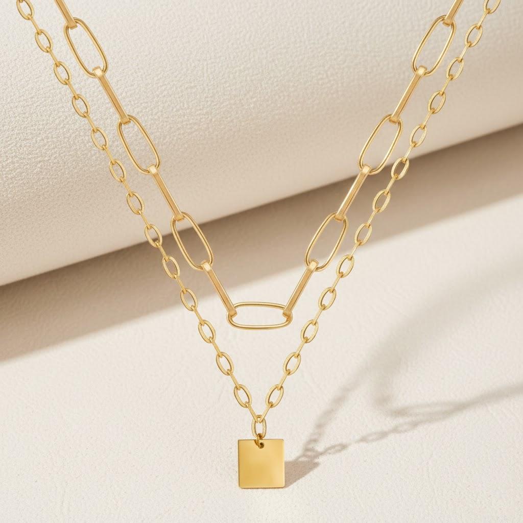 

1PC Double Layer Personality Hip hop Necklace Retro Square Chain Short Clavicle Necklace Women Fashion Jewelry золотой