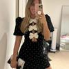 Bow Hollow Out Women's Black Dress Sexy Short Sleeve Wave Point Party Mini Bandage O-neck Dresses Spring Elegant Shinny Dresses