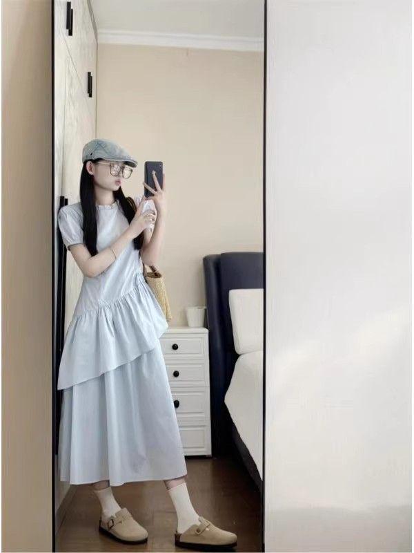 Korean Style Blue Puff Sleeve Drawstring Waist Dress for Women - Summer 2026 Collection