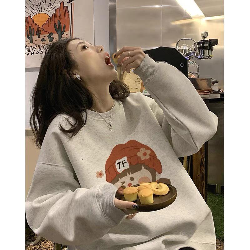 Women Cute Cartoon Print Thick Hoodie Ladies Autumn and Winter Round Neck Long Sleeve Pullover Sweatshirt Top for Student