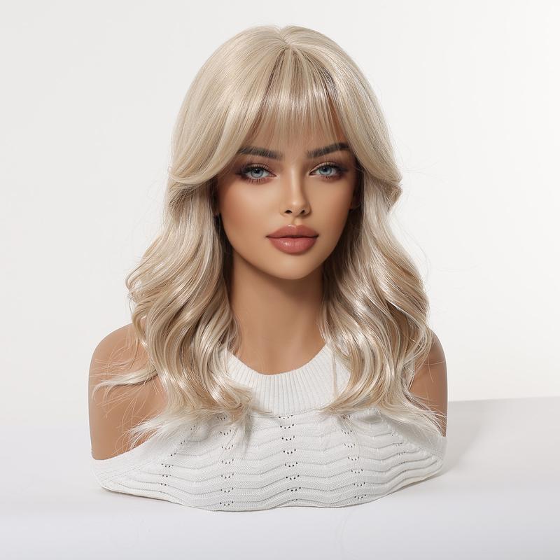 16inch Long Blonde Body Wavy Synthetic Wigs with Bangs for Women Heat Resistant Natural Hairs Wig for Daily Cosplay Party Wear