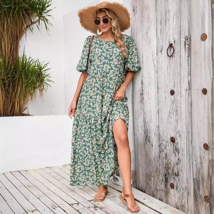 Vestido Casual de Verano para Mujer con Estampado Floral, Cintura Alta, Suelto, Cuello Redondo, Talla Grande, Largo hasta el Tobillo, Manga Larga, Vestido de Primavera