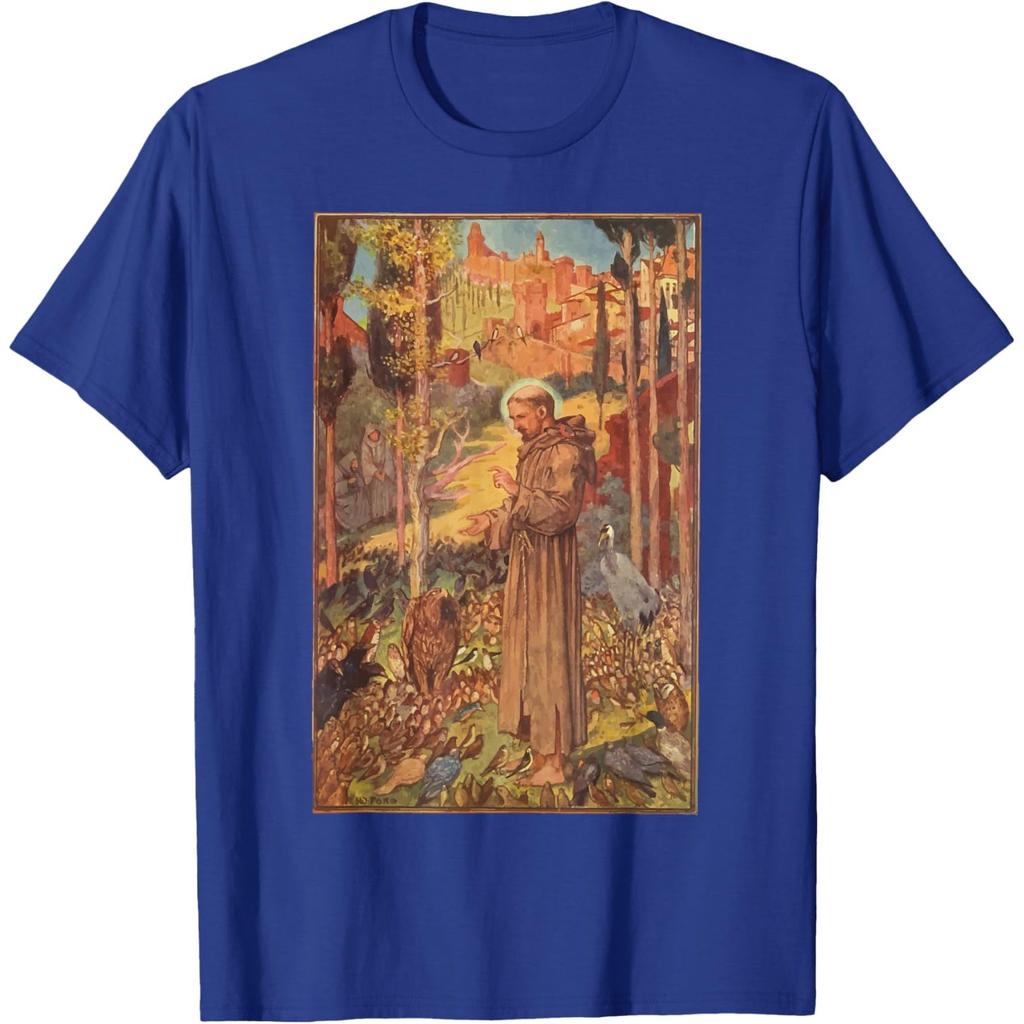T-shirt Grafica San Francesco d'Assisi che Predica agli Uccelli Uomo Casual Girocollo Stampa Maglietta