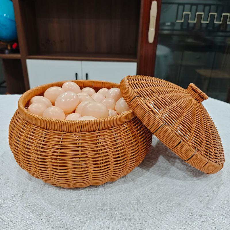 Round Handmade Woven Storage Basket with Lid - Imitation Rattan for Eggs, Snacks, Dried Goods, Tea, and More