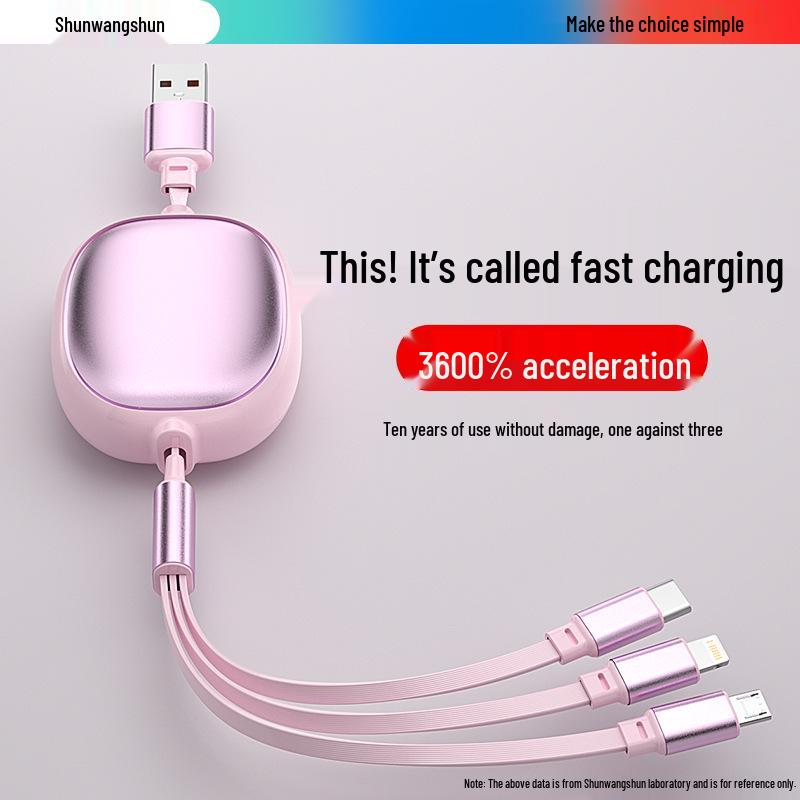 Shun Wang Three-in-One Retractable 120W Fast Charging Cable with Multi-functional Three Heads for Car.