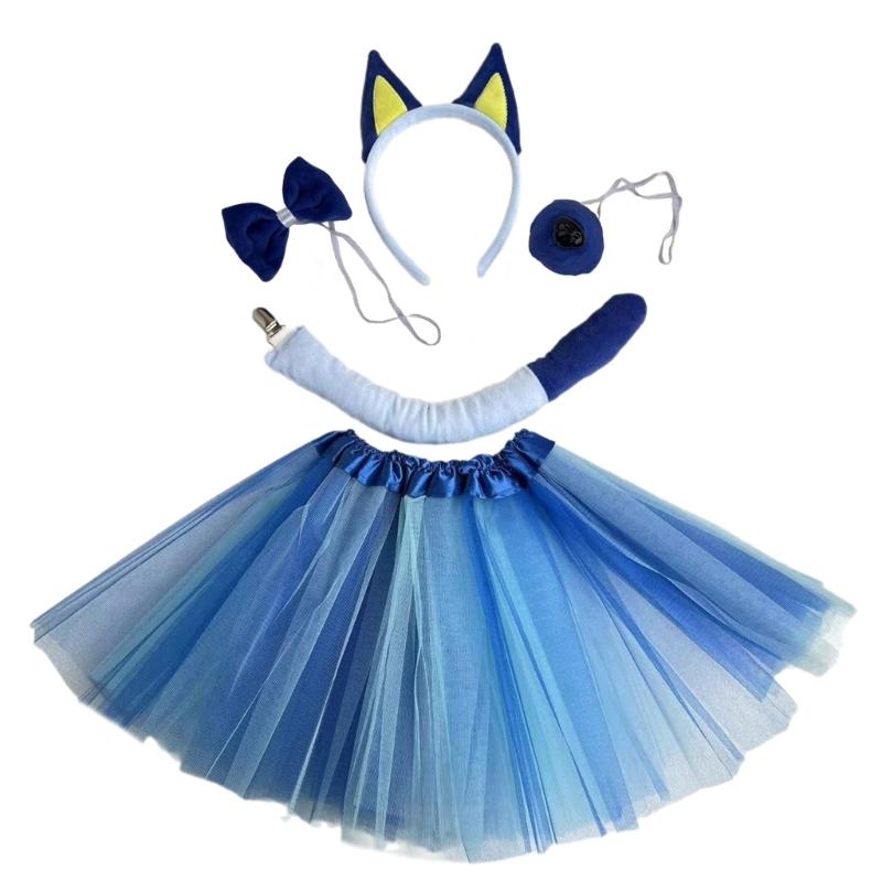 Sheepdog Costume Set Dog Ears Headband Bowtie Tail Nose Tutu Skirt for Kids Halloween Costume Cosplay Party