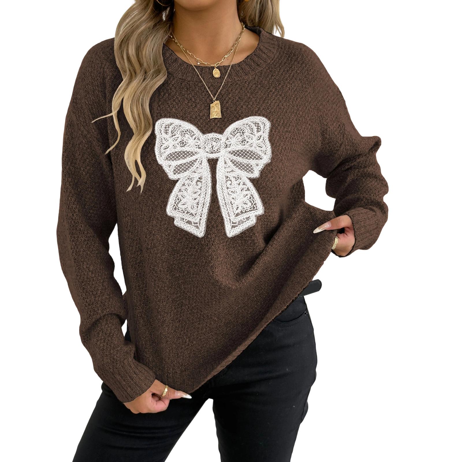 

Женский повседневный пуловер с круглым вырезом, свитер с вышивкой кружевом и бабочками M кофейный