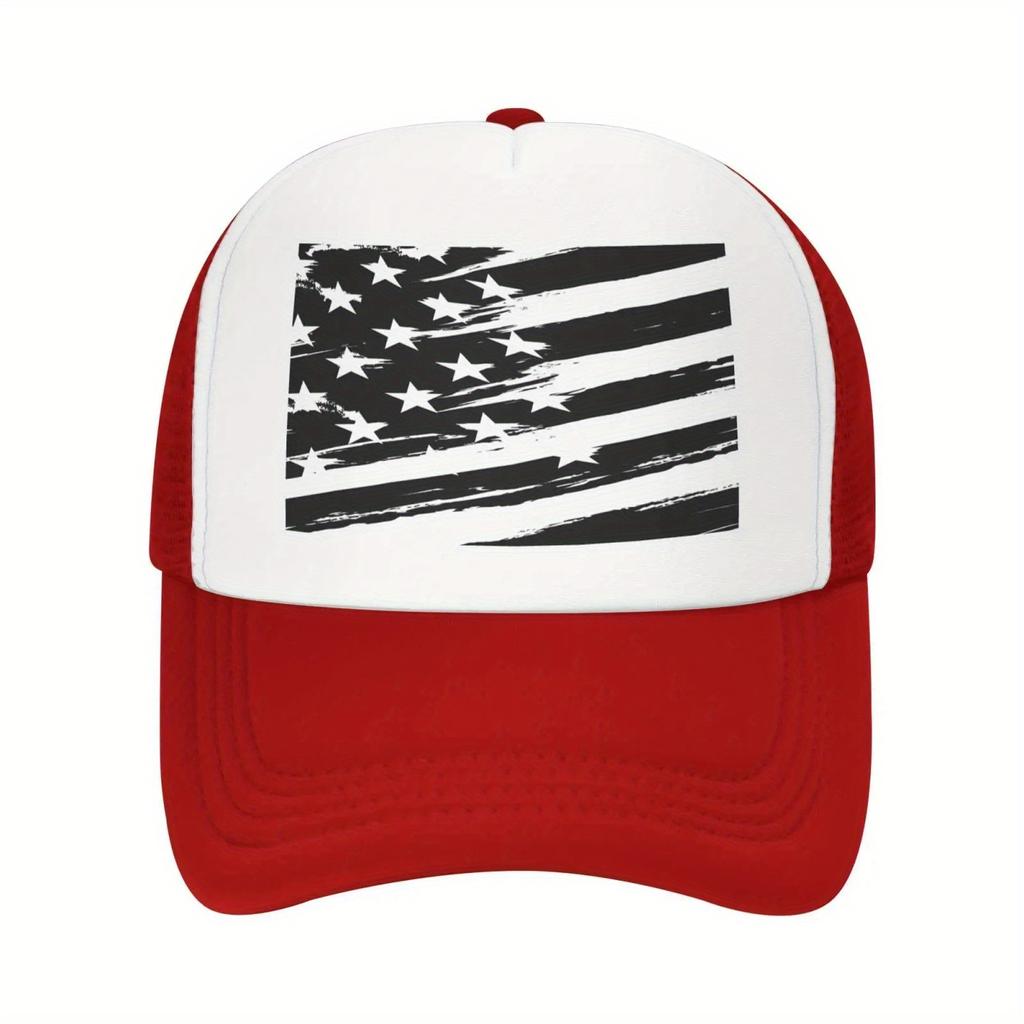 Distressed Black and White USA Flag Trucker Hat Breathable Mesh Baseball Cap Outdoor Adjustable Unisex