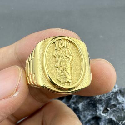 Hip Hop 316L Stainless Steel Ring , St Jude Square Design Golden Fashion Party Street Daily Wear Gift