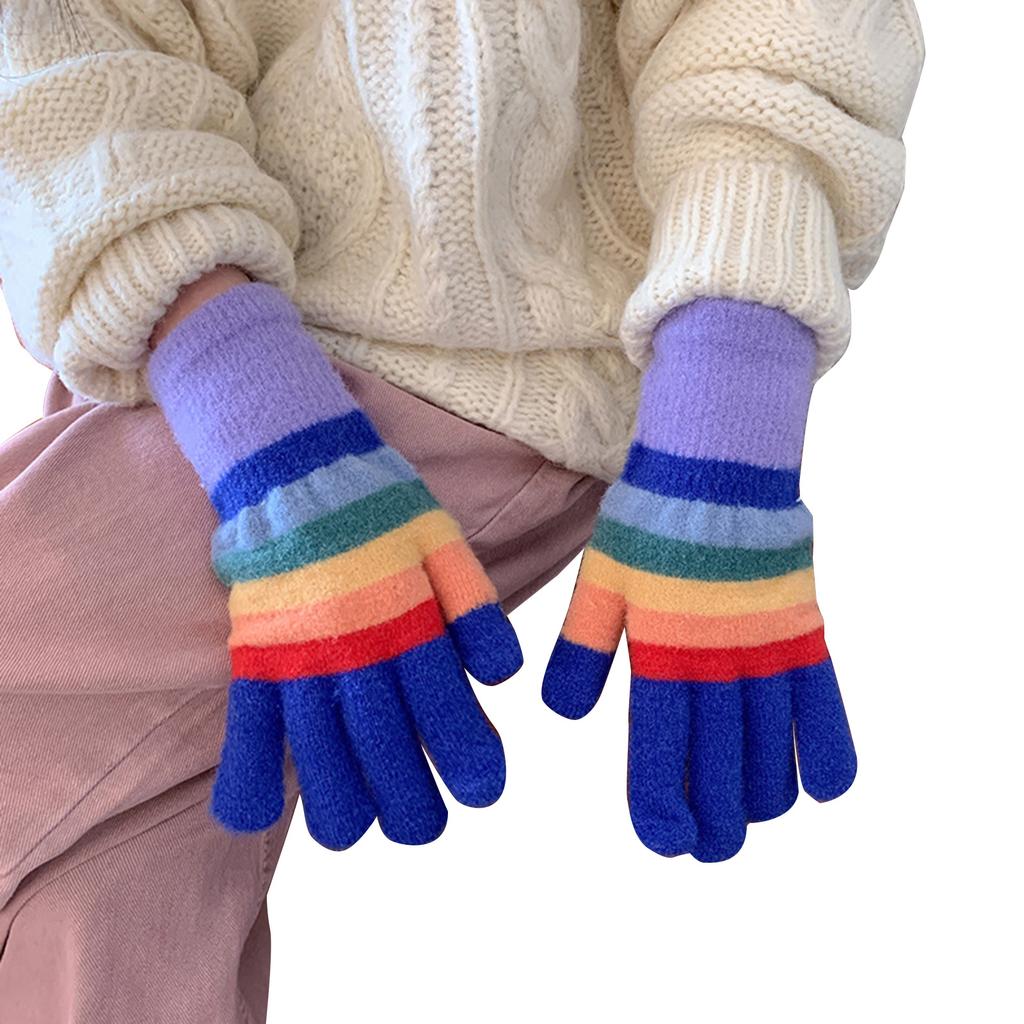 Girls 2 Finger Exposed Gloves Full Finger Warm Mittens with Striped Pattern Knitted Mittens for Women Winter Supplies