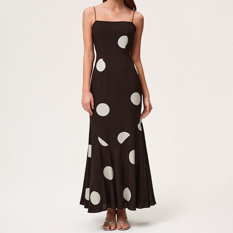 Autumn Style European and American Ins Style Fashion Polka Dot Print Sexy Backless Suspender Dress