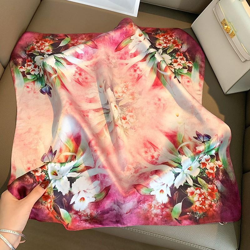 100% Pure Silk Square Scarf Women Floral Print Lightweight Accessory 53x53cm Pink Elegant Neck Hair Wrap