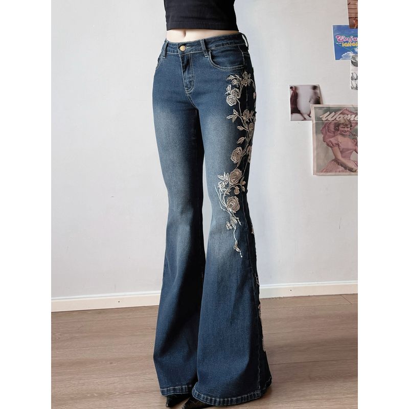 H's European and American Women's Clothing Millennium Retro Thorn Rose Embroider Washed Denim Women's Tight Blue Bell-Bottom Pants Tide