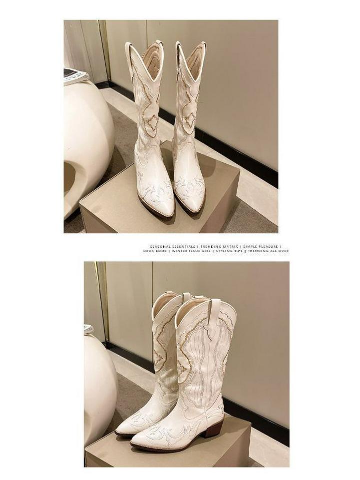 Damen Überknie-Cowboystiefel mit spitzer Zehenpartie in Übergröße - 2025 Herbst/Winter Klobiger Absatz Western-Stil
