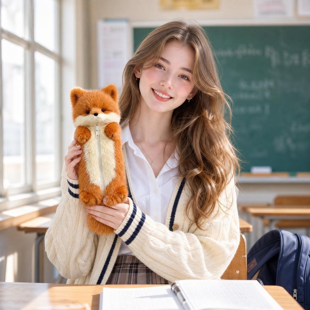 Cute Plush Pencil Case for Kids Girls, Soft Furry Pencil Pouch, Large Capacity Zipper Pen Holder Bag for School Supplies and Stationery