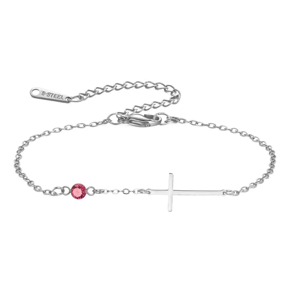 Trendy Jesus Cross Birthstone Charms Bracelet Stainless Steel 12 Birth Month Bracelets for Women Girls Jewelry Birthday Gifts
