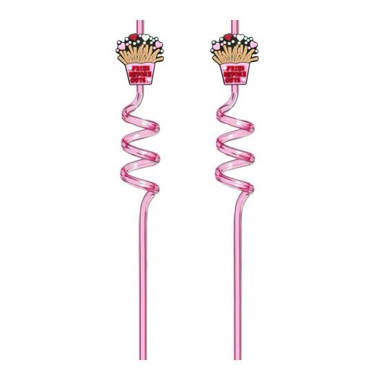 2Pcs Colorful Spiral Straws Creative Drinking Straws with Heart Lip Cake Charm Romantic Pink