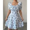 Square Collar Summer Puff Short Sleeve Floral Dress Fashion Elegant Slim Fit A-line Party Short Dress Female Casual Sweet Holiday Clothing