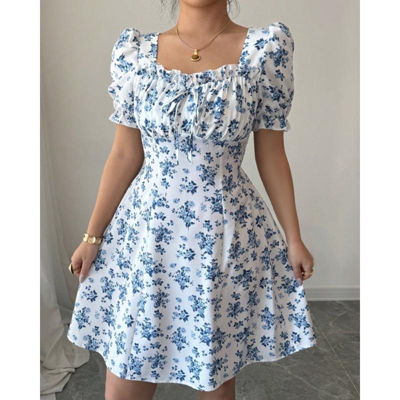 Square Collar Summer Puff Short Sleeve Floral Dress Fashion Elegant Slim Fit A-line Party Short Dress Female Casual Sweet Holiday Clothing