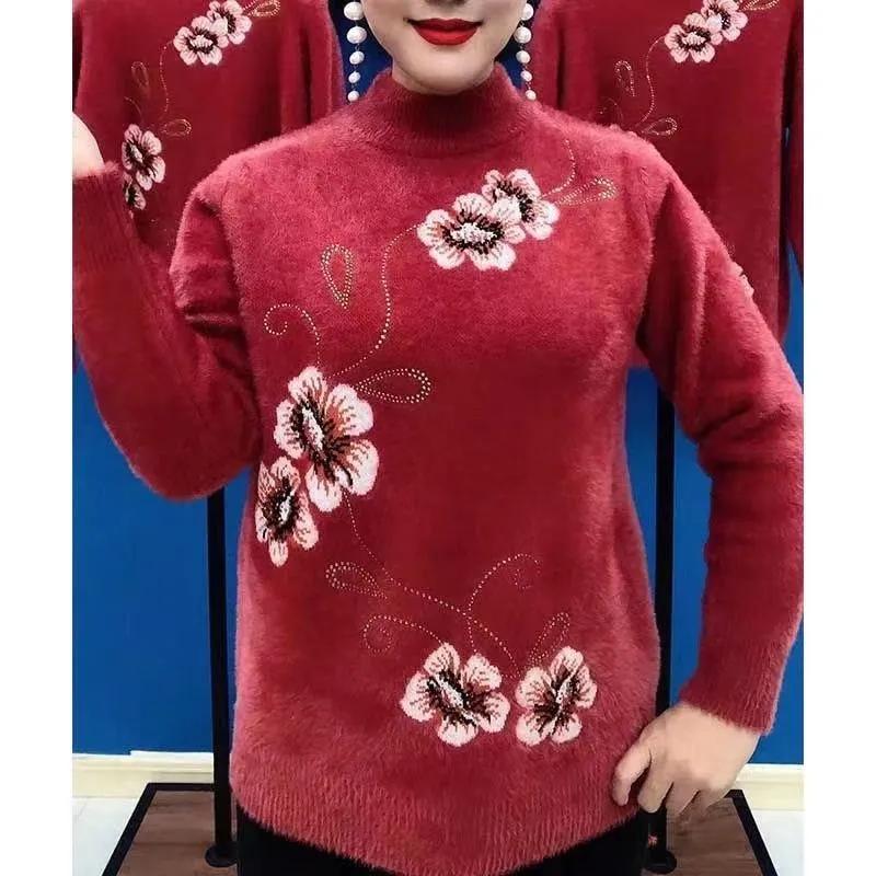 Women's Fall and Winter Models Padded and Thickened Half Turtleneck Sweater Middle-aged and Elderly Plus Size Loose Comfortable Sweater