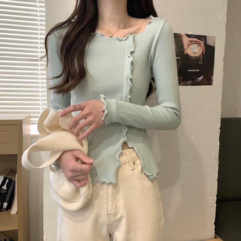 

Core-spun yarn sweater slim hem split knitted sweater women s autumn new fungus edge inner bottom top One Size мятный зеленый