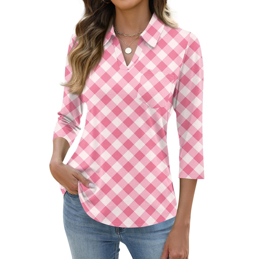 Women's Fashion Casual Lapel Short 3/4 Sleeve Print Shirt Women's Up Tops