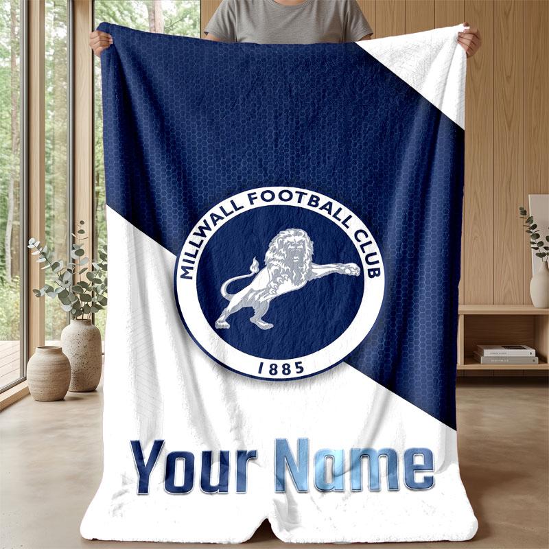 Millwall Custom Name Text Flannel Blanket Soccer Logo Personalized Fleece Throw Blanket Special Gift For Sofa Bedroom Home