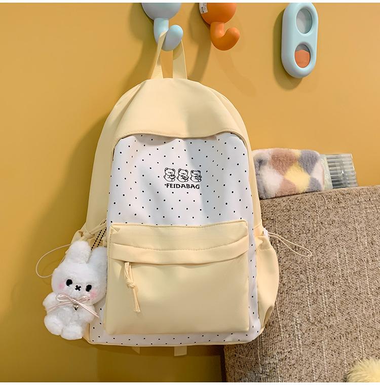 Schoolbag Fog Island Milk White Mint Bear Polka Dot Splicing School Bag Student Party Soft and cute Vitality Wind Versatile Street Backpack