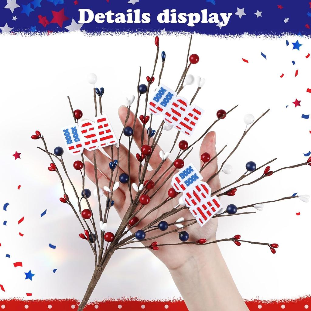 4 Pcs 4th of July Decorations Patriotic Artificial Berry Stem Picks White Blue Red Pearls and American Flags for Independence Day Memorial Day, Home