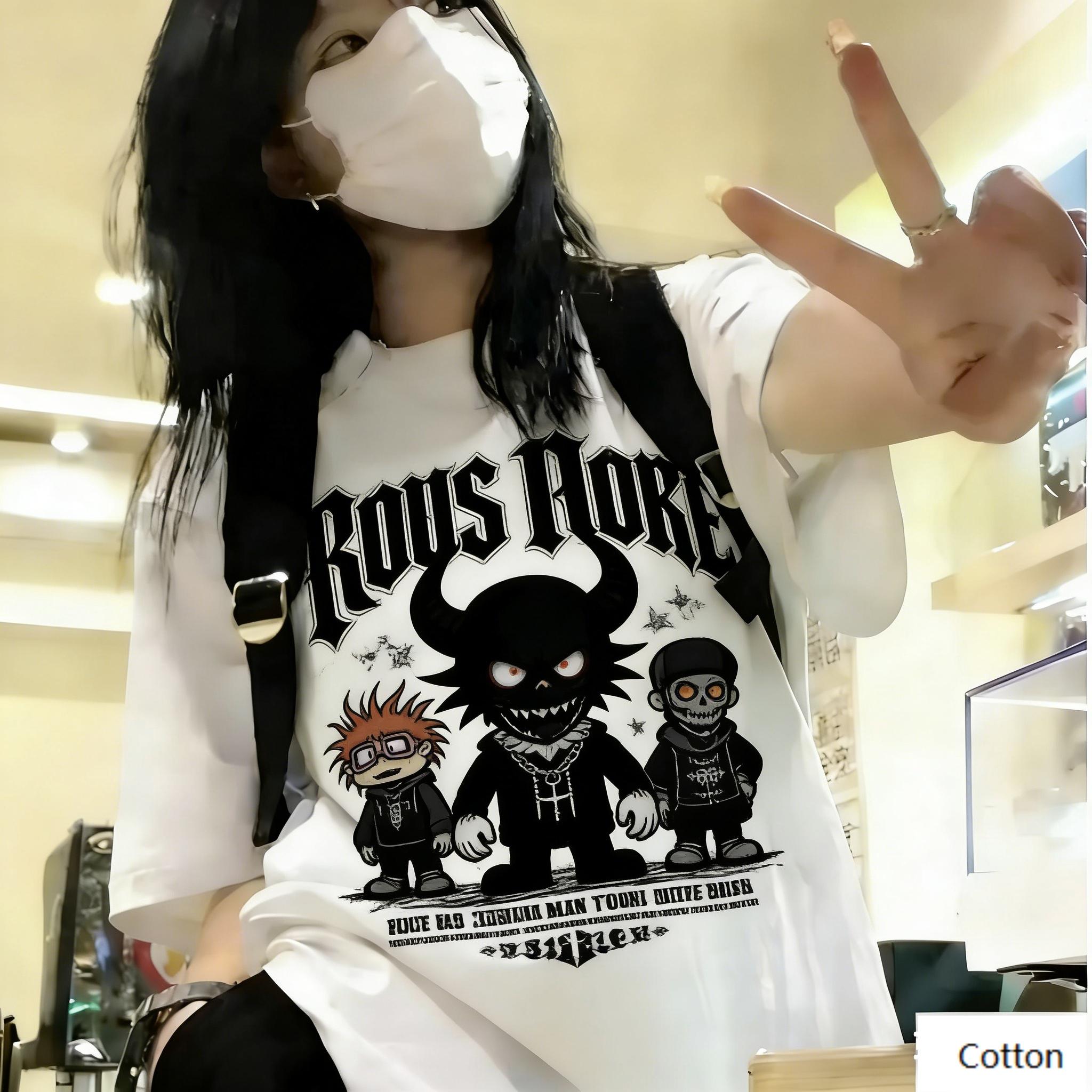 Vintage Dark Metal Art Unisex Cotton TShirt with Retro Dark Cartoon Trio Print Distressed Style Streetwear Tee S