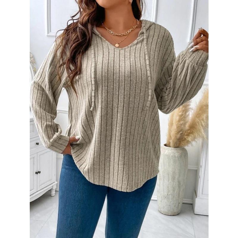 Solid Color Loose Plus Size Hooded V Neck Long Sleeve Ribbed Brushed T Shirt Top