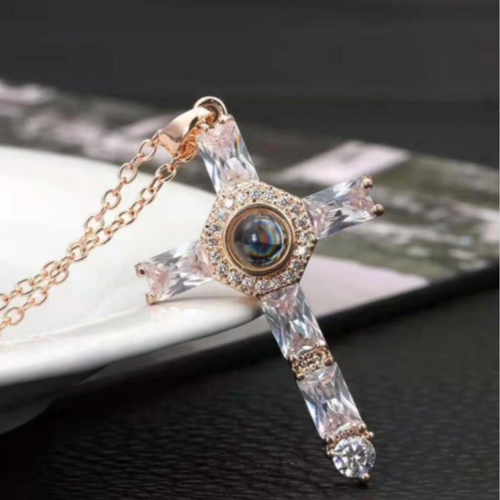 Summer Cross Inlaid Diamond Letter Necklace for Women - Custom Picture Projection Jewelry Accessory