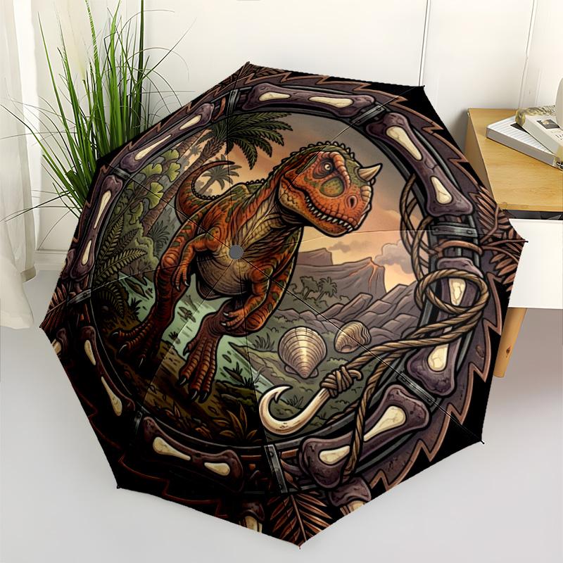 Prehistoric Dinosaur Emblem pattern umbrella, portable and foldable design, 8 ribs, a casual accessory for Halloween, Christmas, and birthday gifts.