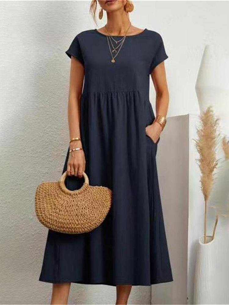Vintage Solid Midi Dress Casual Short Sleeve Cotton and Linen Harajuku Oversized Long Dress Women Summer Y2K Maxi Sundress 2023