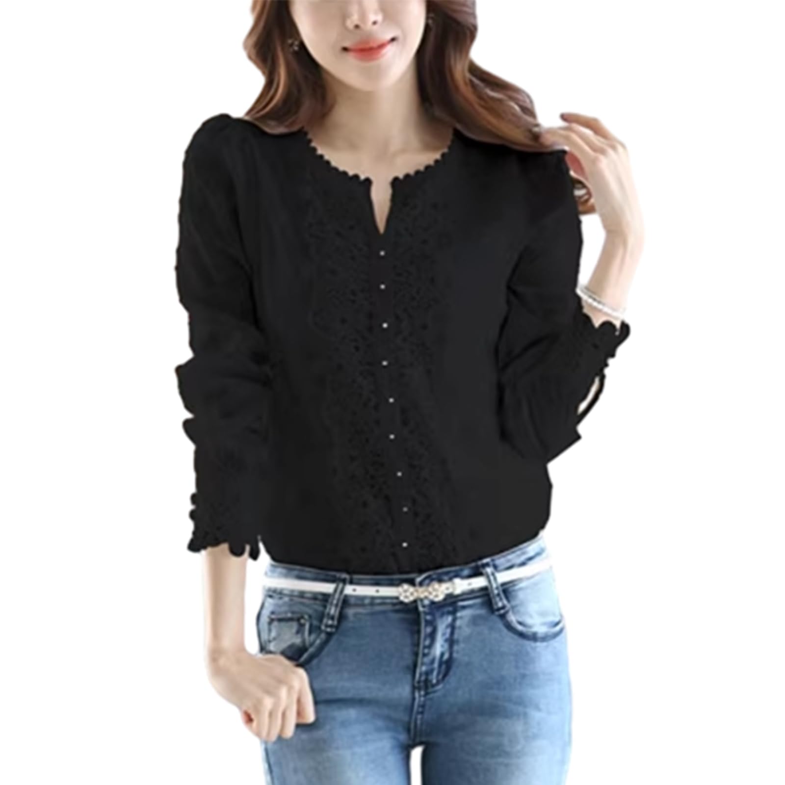 

Lace Top Long Chiffon Open Autumn [JLBOCMGT] Women s Blouse, Sleeve, V-Neck, Shirt, Front, Slimming, Sweet, Fashionable, Formal, Office, Commuting, чёрный