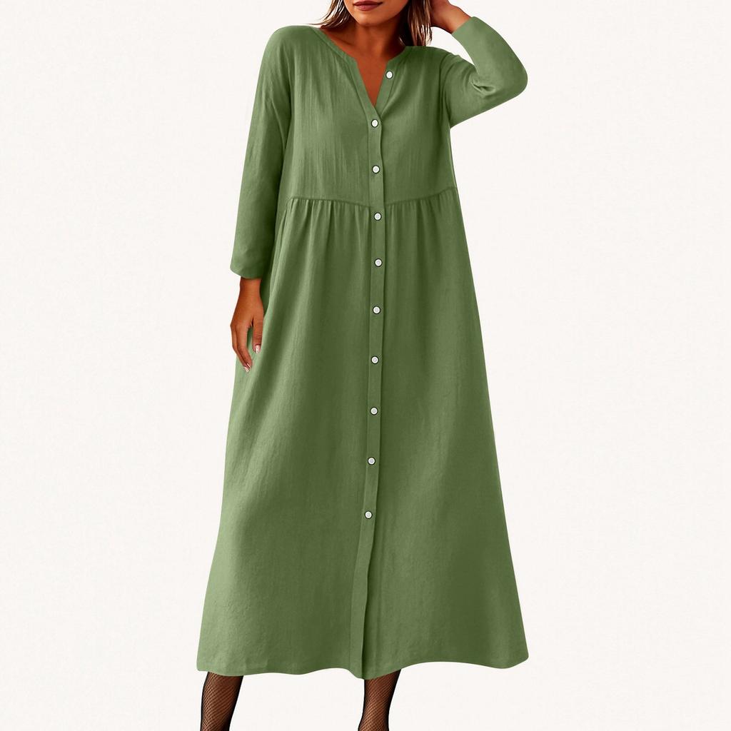 Women's Fashionable Solid Color Round Neck Seven Quarter Sleeve Button Loose Shirt Dress