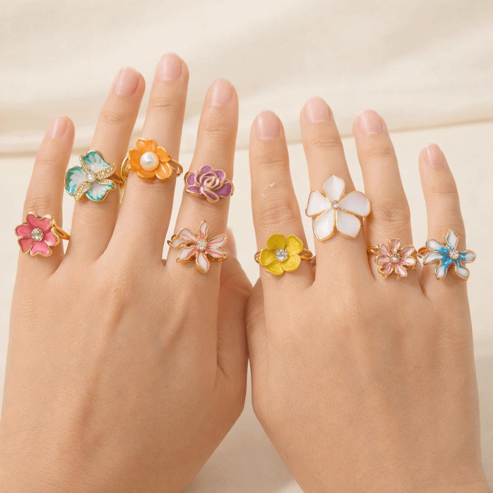 Camellia Flower Flower Ring Dripping Oil Korean Style Enamel Finger Ring Baroque Rhinestone French Irregular Ring Jewelry
