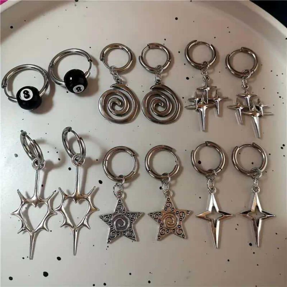 6pcs Set Punk Rock Sliver Color Spiral Vortex Stars Hearts Pendant Hoop Earrings for Women Men Friends Gothic Y2K Jewelry Sets