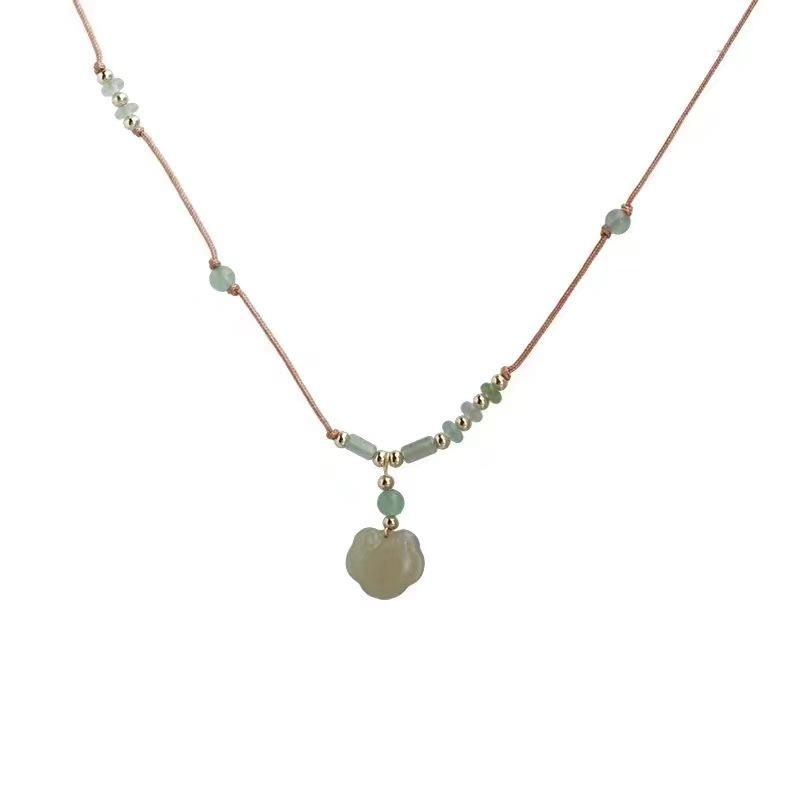 

New Chinese safety lock flower necklace female ancient style Zen style woven rope collarbone chain girlfriend gift titanium steel glaze