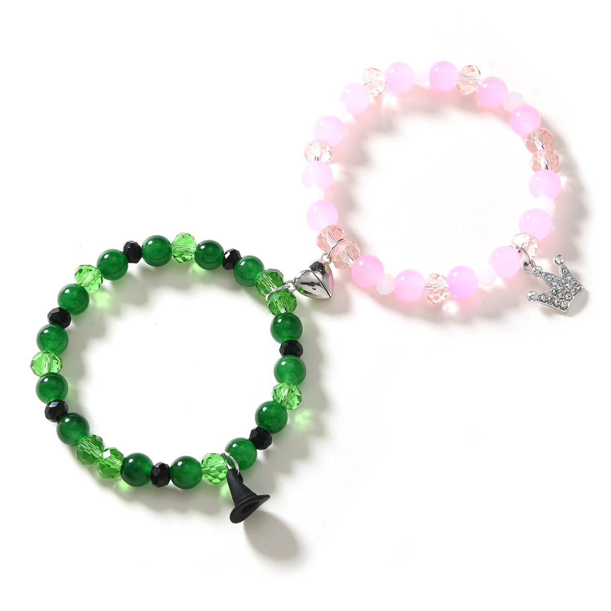 

Green Glass Bead Friendship Bracelet with Diamond-Studded Crown & Witch Hat Charm for Valentine s Day