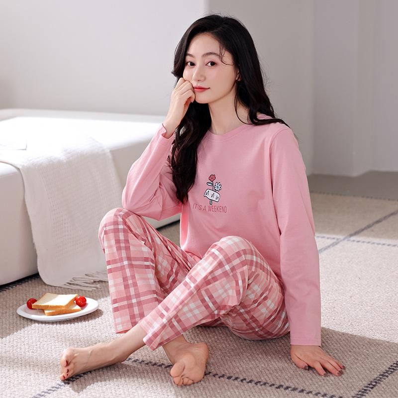 Pajamas Women'S Pure Cotton Long-Sleeved Cotton Round Neck Can Be Worn Outside Casual Loungewear Set