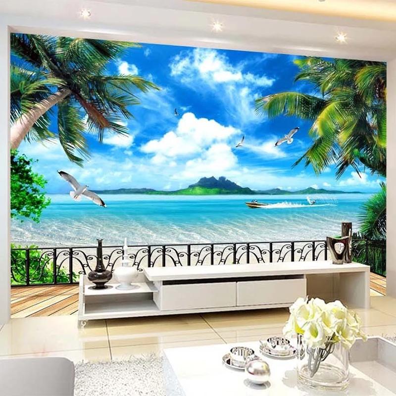 

Custom 3D Wall Mural Wallpaper Modern Beach Balcony Scenery Outside Window Sea View Wall Painting Living Room TV Sofa Wallpapers 200 cm(W) x 140 cm(H)